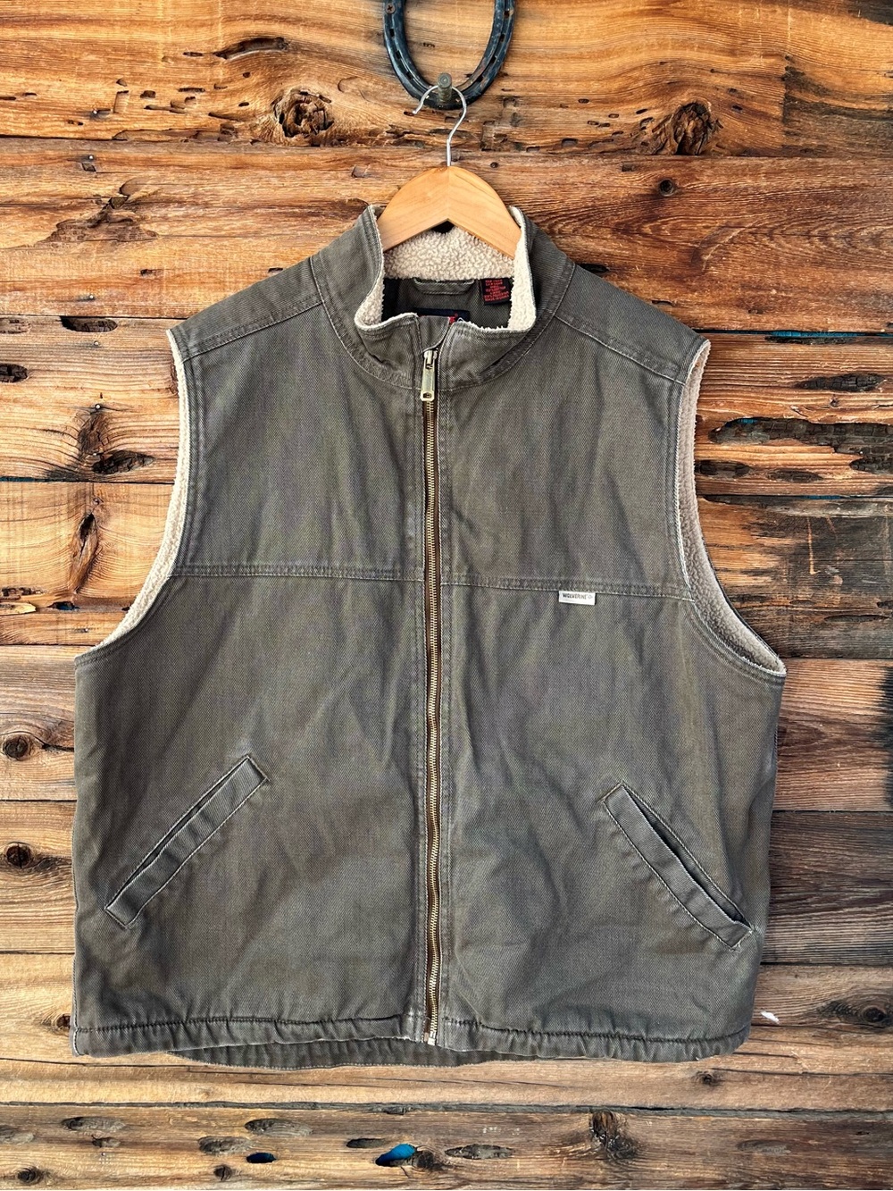 WOLVERINE | Olive Canvas Sherpa-Lined Vest XL